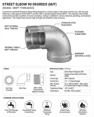STREET ELBOW 90 DEGREES SS304 BSPT