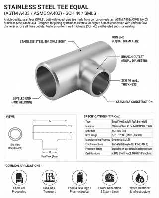 TEE EQUAL STAINLESS STEEL 304 SCH 40 SMLS