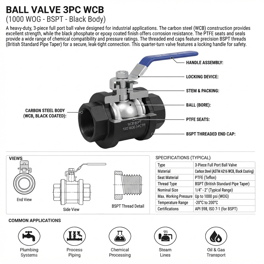 BALL VALVE 3PC WCB 1000 WOG BSPT (BODY HITAM)