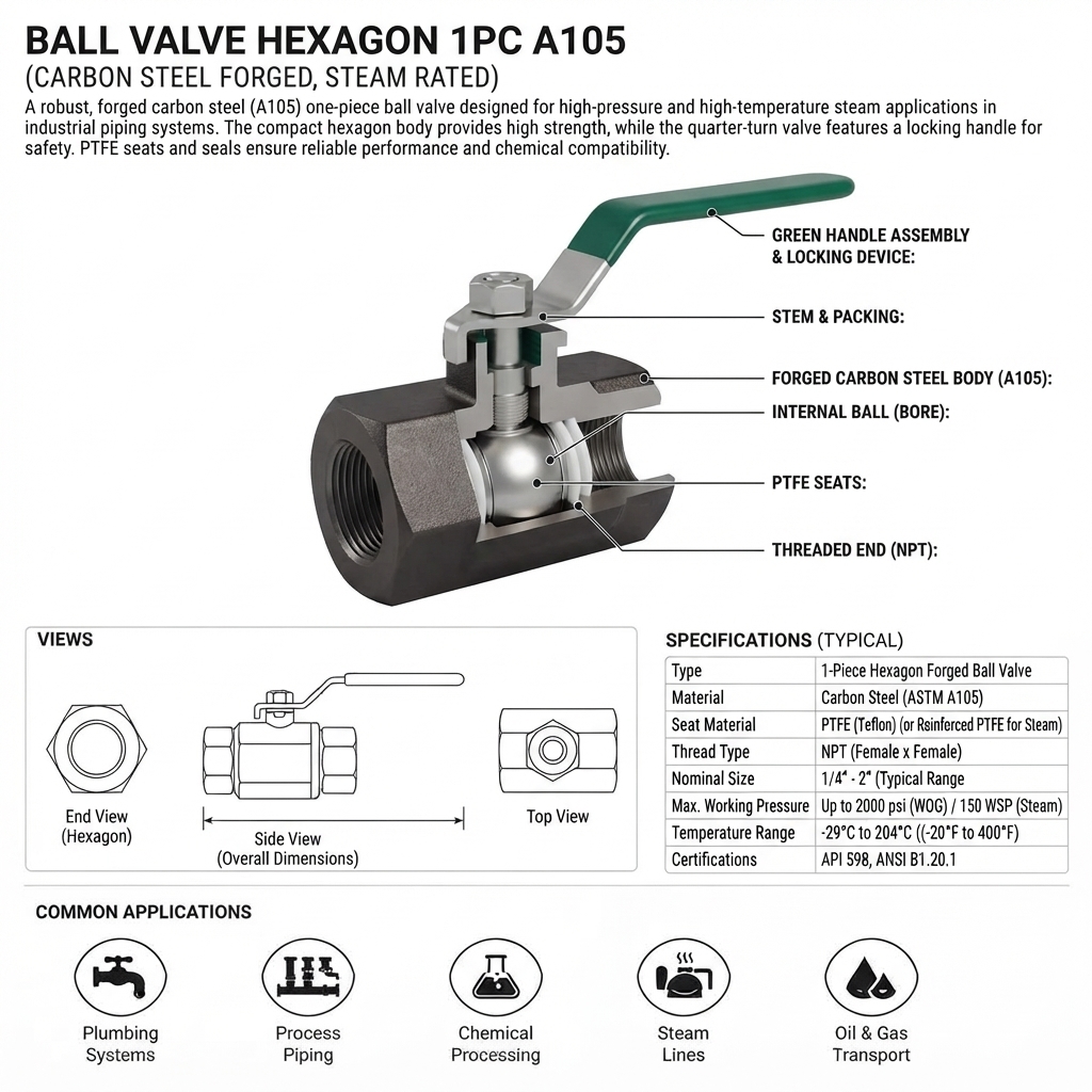 BALL VALVE HEXAGON 1PC A105 2000 WOG NPT (STEAM)