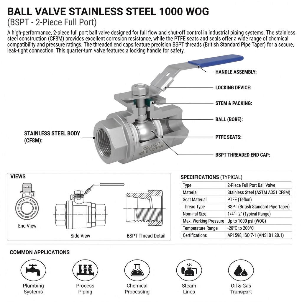 BALL VALVE STAINLESS STEEL 1000 WOG BSPT