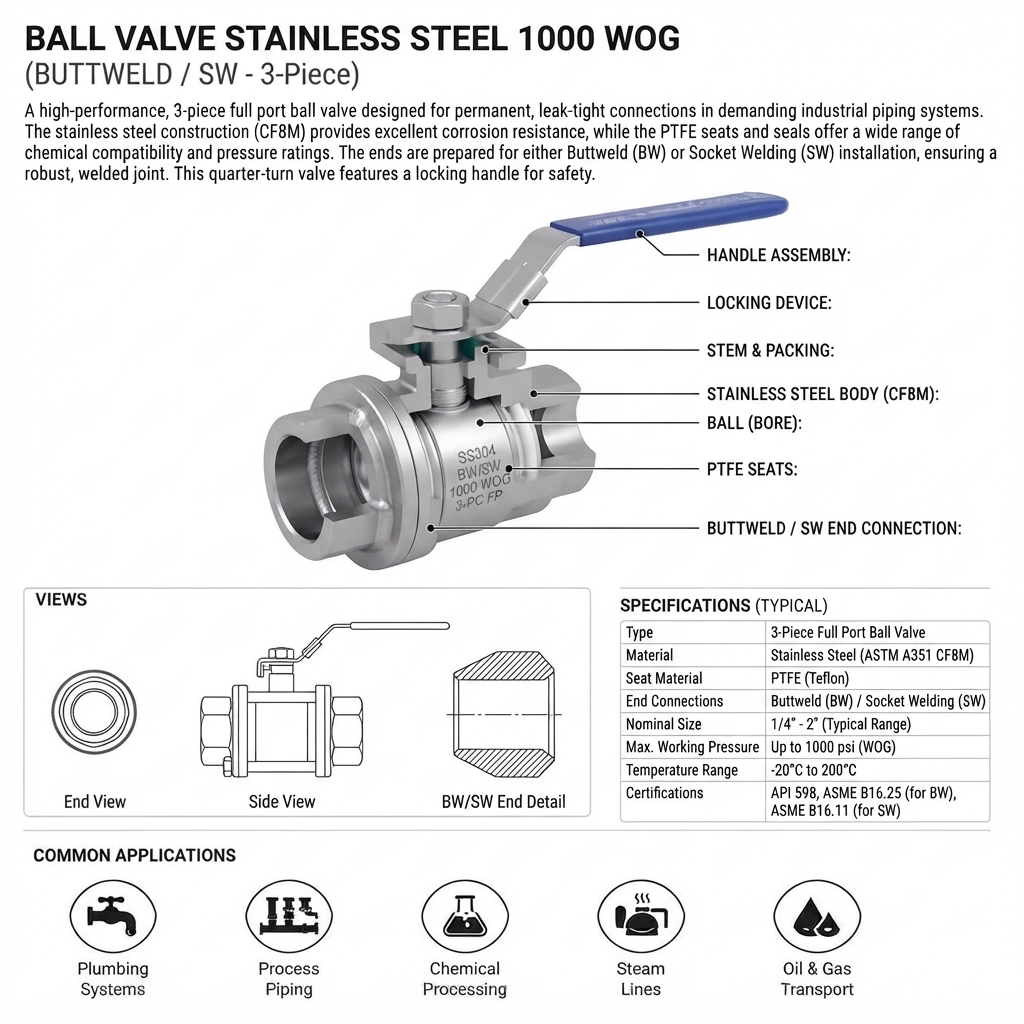 BALL VALVE STAINLESS STEEL 1000 WOG BUTTWELD / SW (SOCKET WELDING)