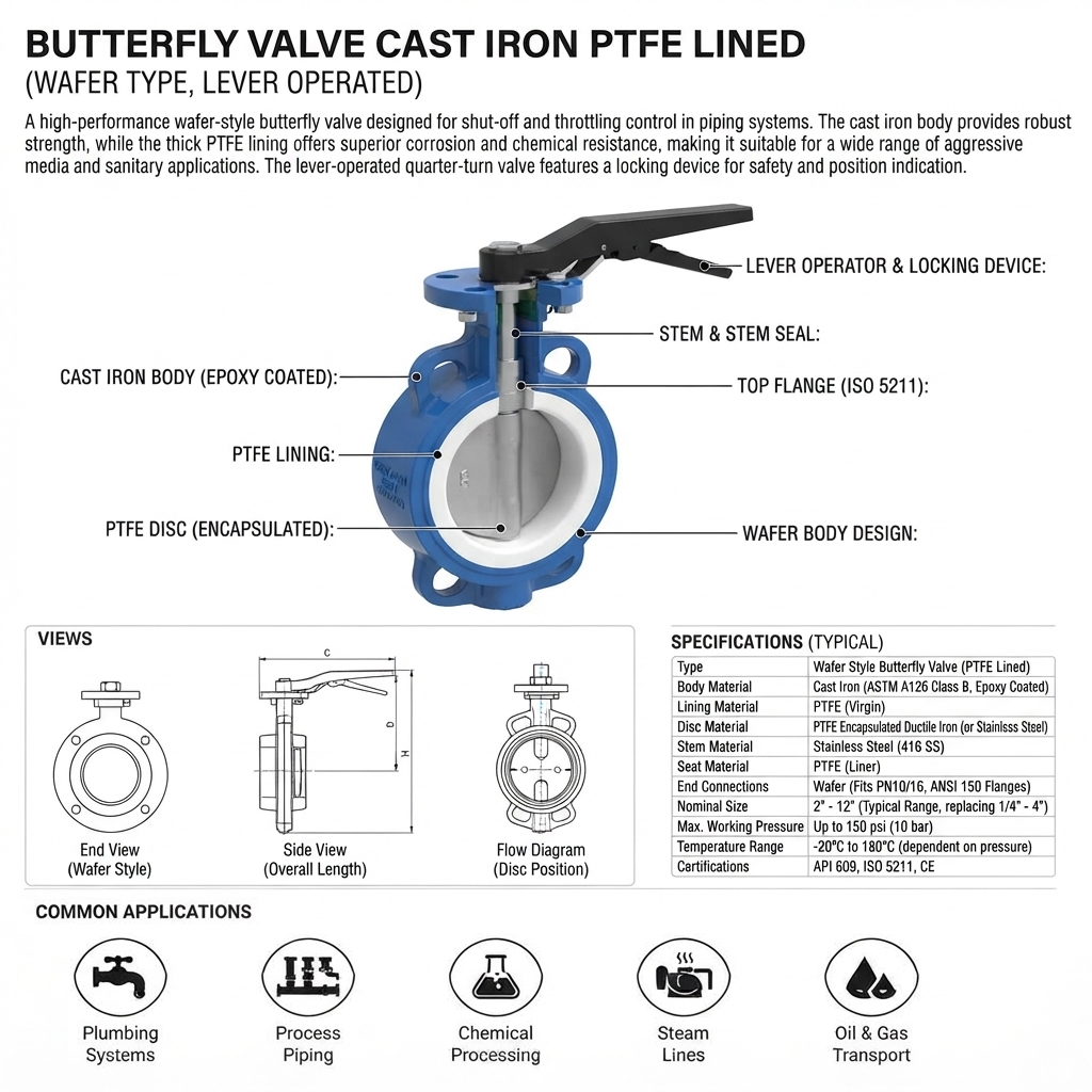 BUTTERFLY VALVE CAST IRON PTFE