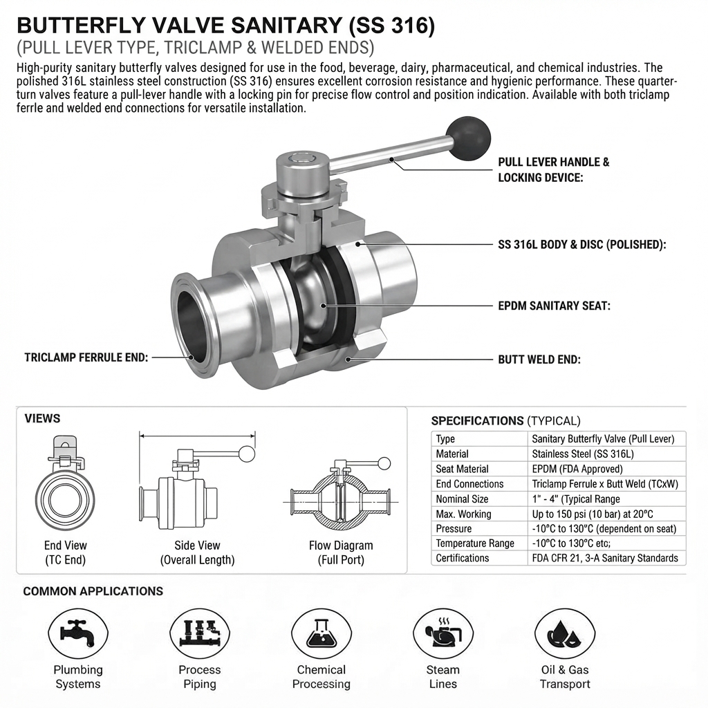 BUTTERFLY VALVE SANITARY MODEL TRICLAMP FERRULE DAN MODEL WELDED / LAS SS 316
