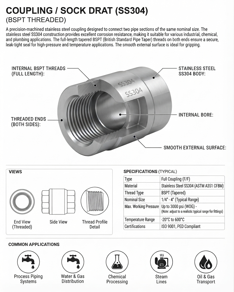COUPLING / SOCK DRAT SS304 BSPT