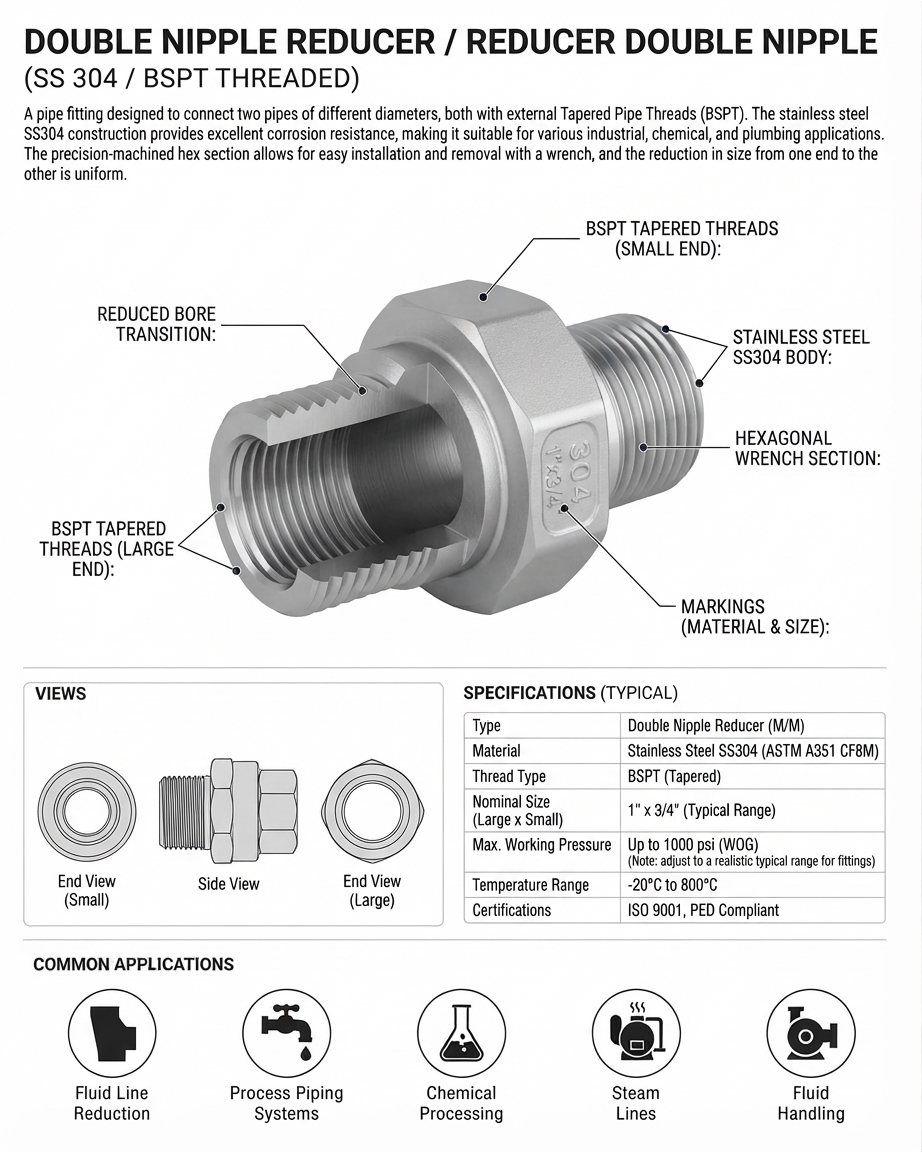 DOUBLE NIPPLE REDUCER / REDUCER DOUBLE NIPPLE SS304 BSPT