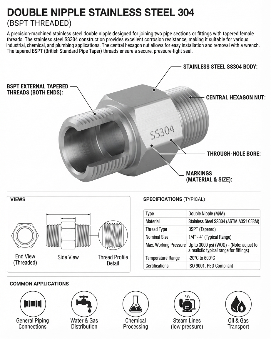 DOUBLE NIPPLE SS304 BSPT