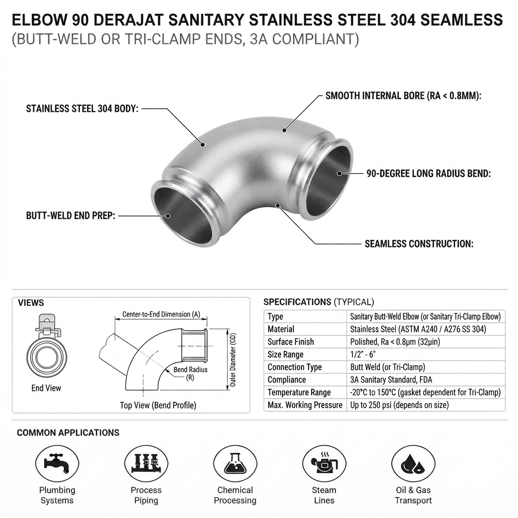 ELBOW 90 DERAJAT SANITARY STAINLESS STEEL 304 SEAMLESS