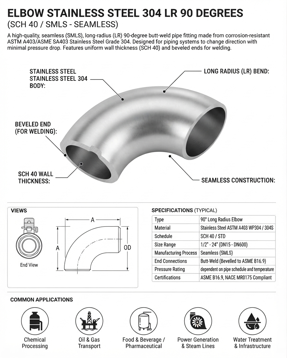 ELBOW STAINLESS STEEL 304 LR 90 DEGREES SCH 40 SMLS