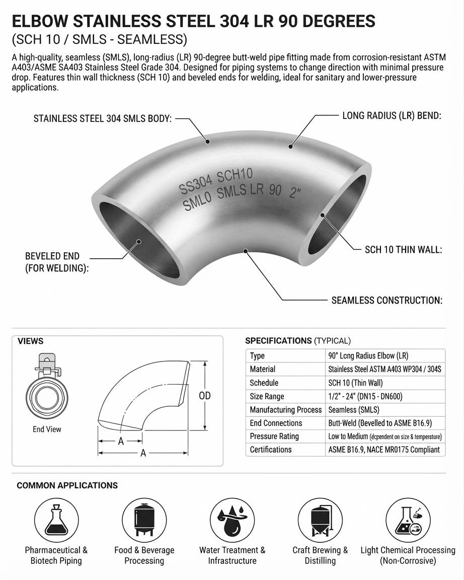 ELBOW STAINLESS STEEL 304 LR 90 DERAJAT SCH 10 SMLS