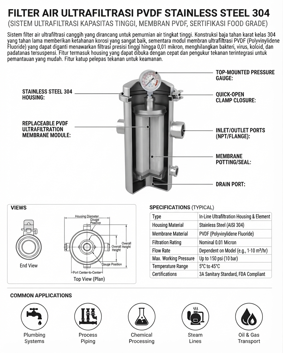 FILTER AIR ULTRAFILTRASI PVDF STAINLESS STEEL 304