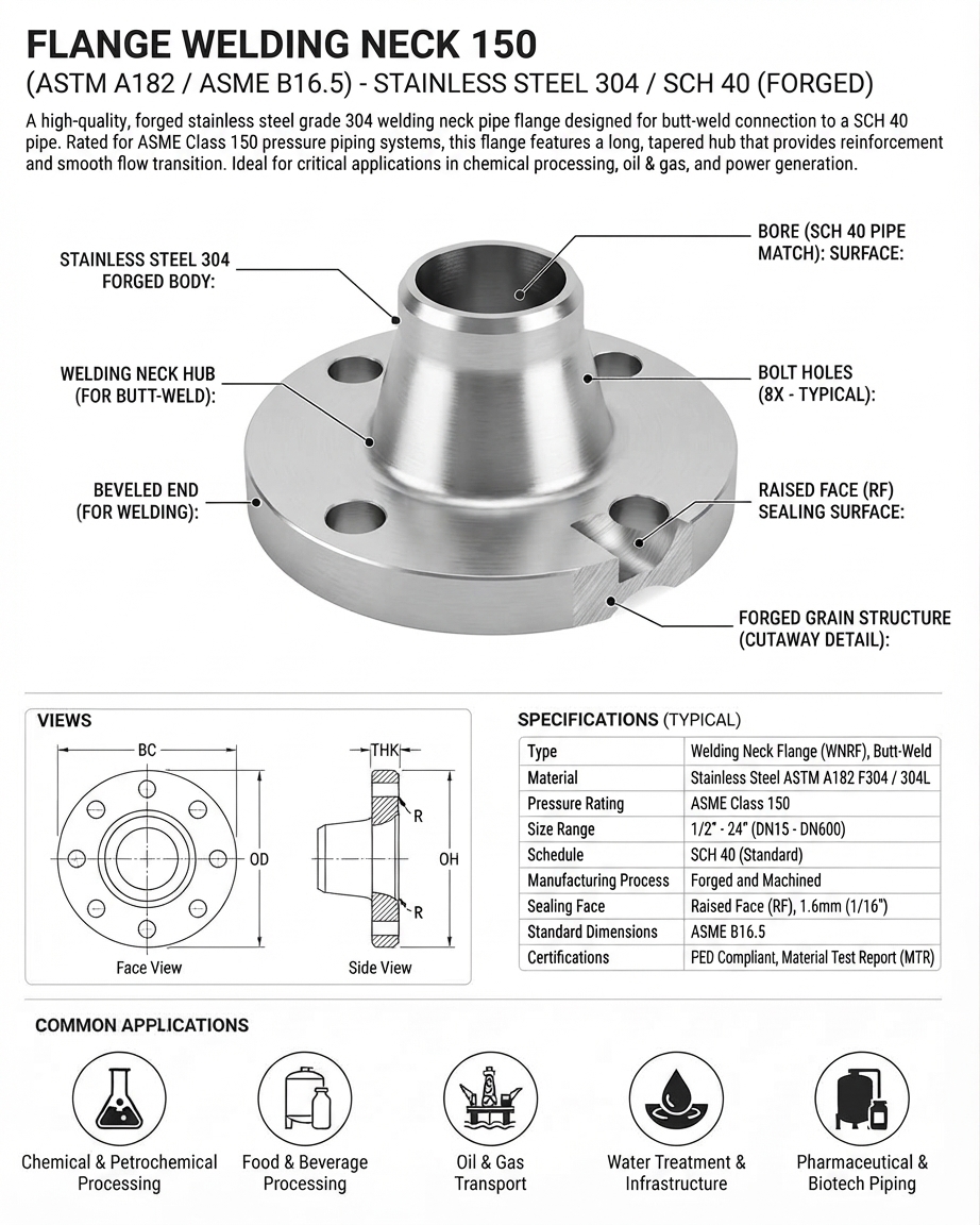FLANGE WELDING NECK 150 STAINLESS STEEL 304 SCH 40 (FORGED)