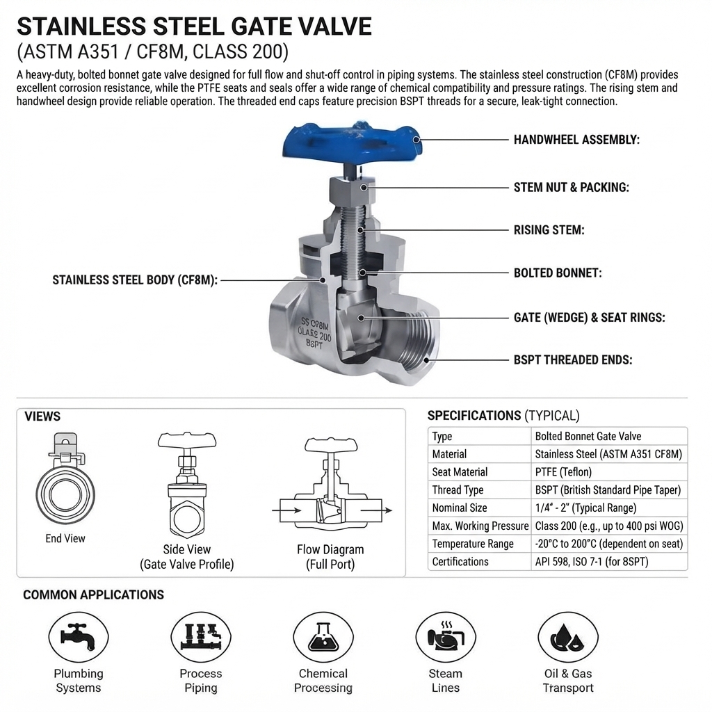 GATE VALVE CLASS 200 STAINLESS STEEL BSPT