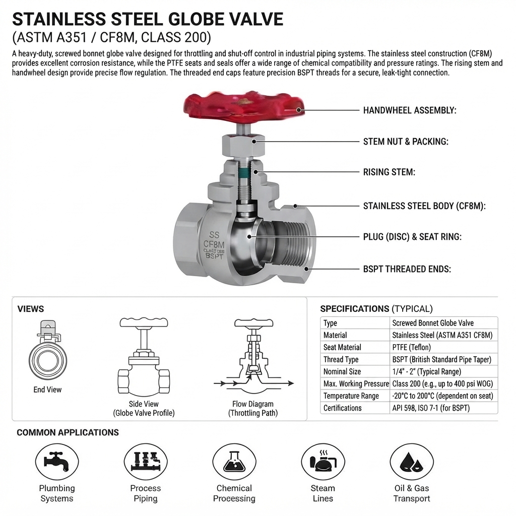 GLOBE VALVE CLASS 200 STAINLESS STEEL BSPT