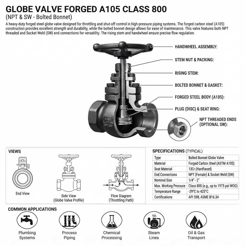 GLOBE VALVE FORGED A105 CLASS 800 NPT & SW (SOCKET WELDING)