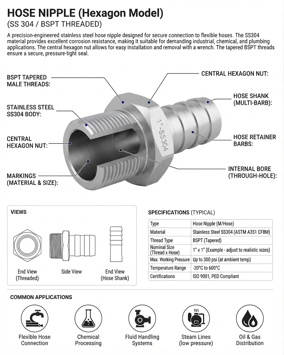 HOSE NIPPLE MODEL HEXAGON SS304 BSPT