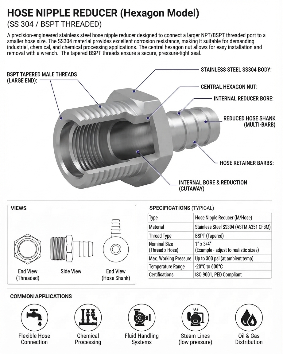 HOSE NIPPLE REDUCER MODEL HEXAGON SS304 BSPT
