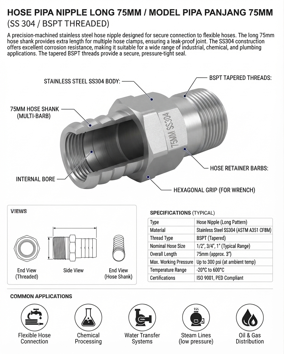HOSE PIPA NIPPLE LONG 75MM / MODEL PIPA PANJANG 75MM SS 304 BSPT