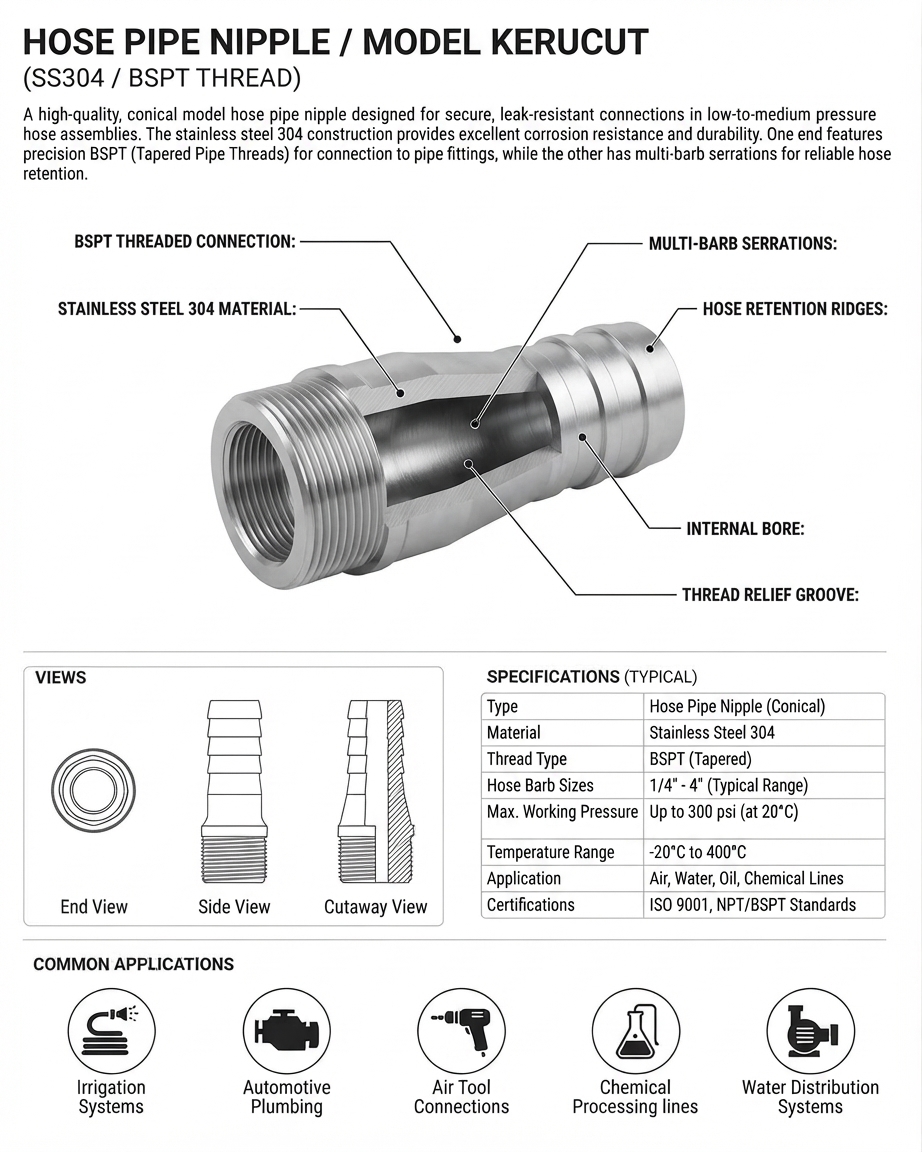 HOSE PIPE NIPPLE / MODEL KERUCUT SS304 BSPT