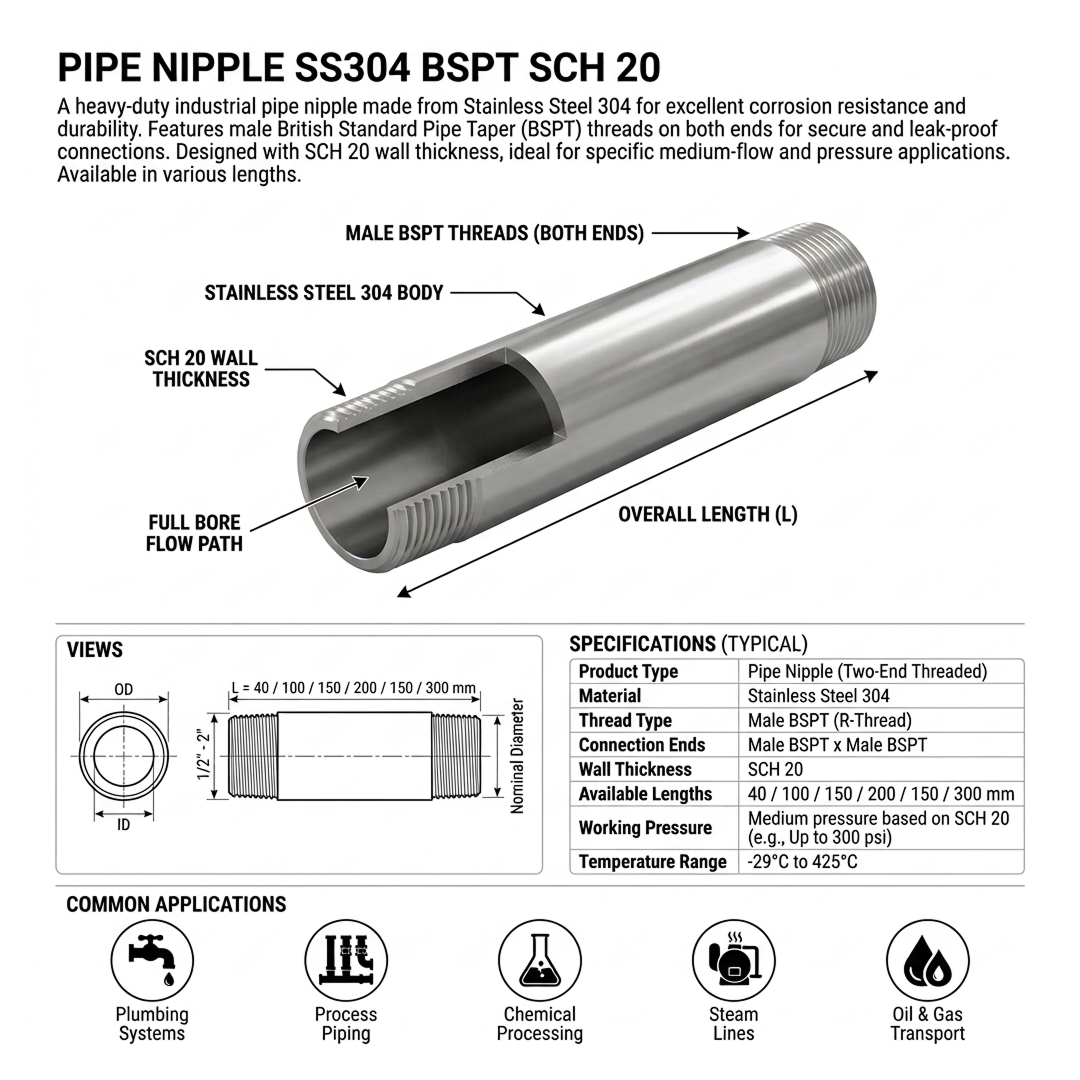 PIPA NEPEL / PIPE NIPPLE SS304 BSPT SCH 20