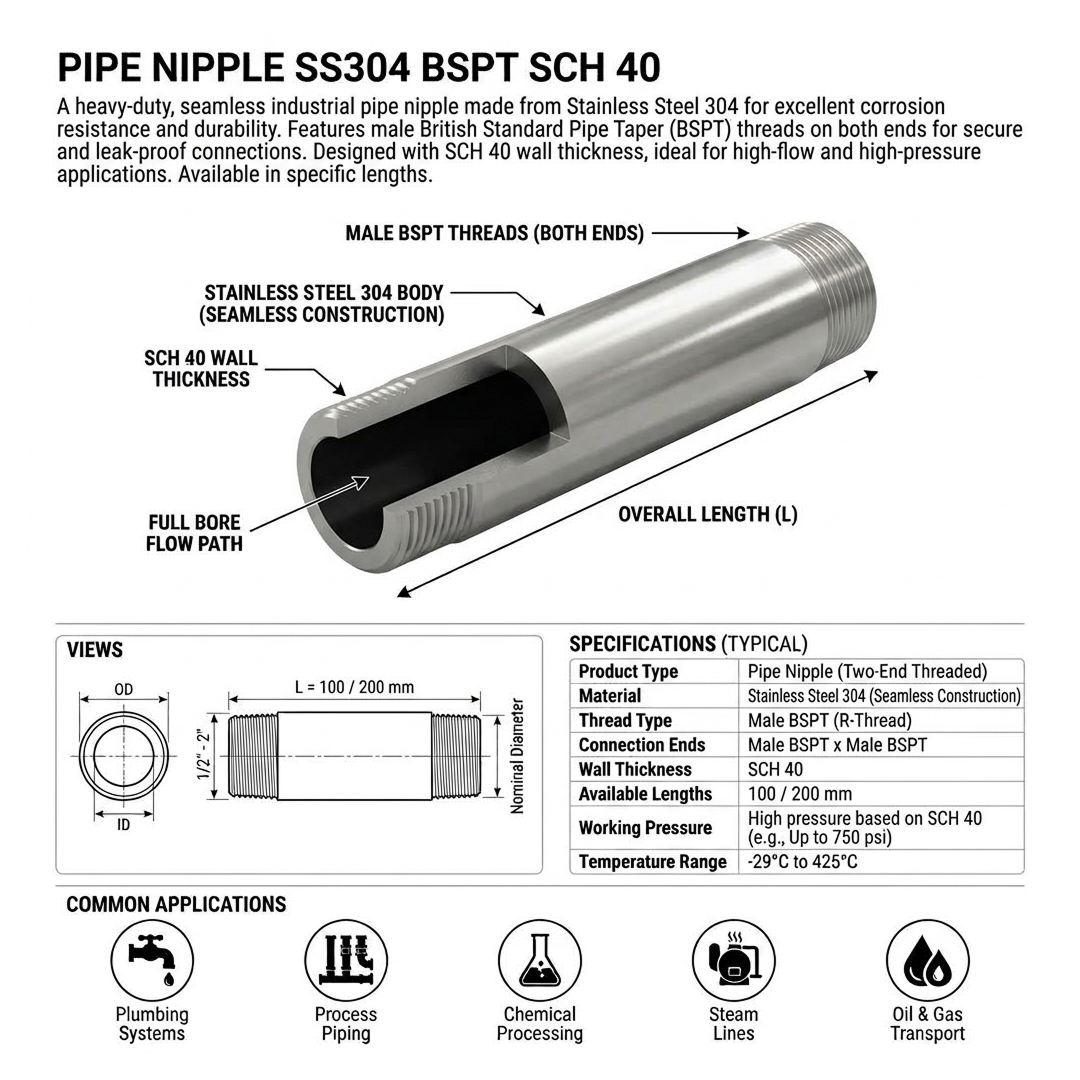 PIPA NEPEL / PIPE NIPPLE SS304 BSPT SCH 40 SEAMLESS