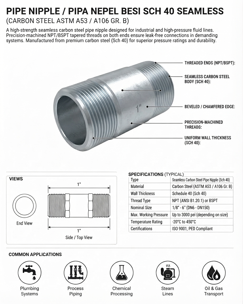 PIPE NIPPLE / PIPA NEPEL BESI SCH40 SEAMLESS