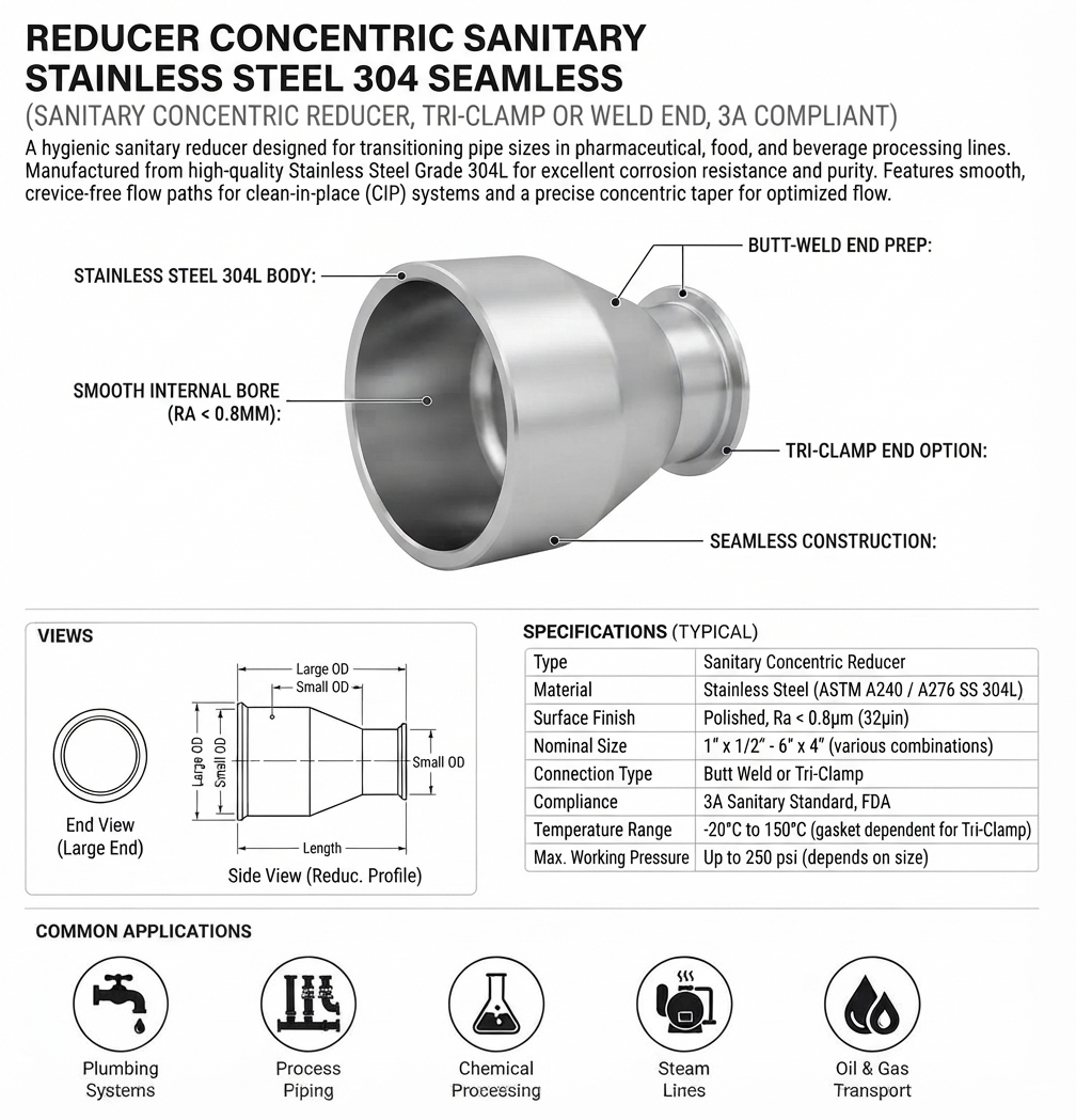 REDUCER CONCENTRIC SANITARY STAINLESS STEEL 304 SEAMLESS