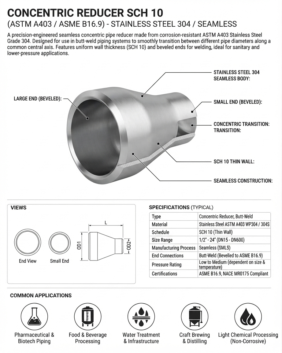 REDUCER CONCENTRIC SCH 10 STAINLESS STEEL 304 SEAMLESS