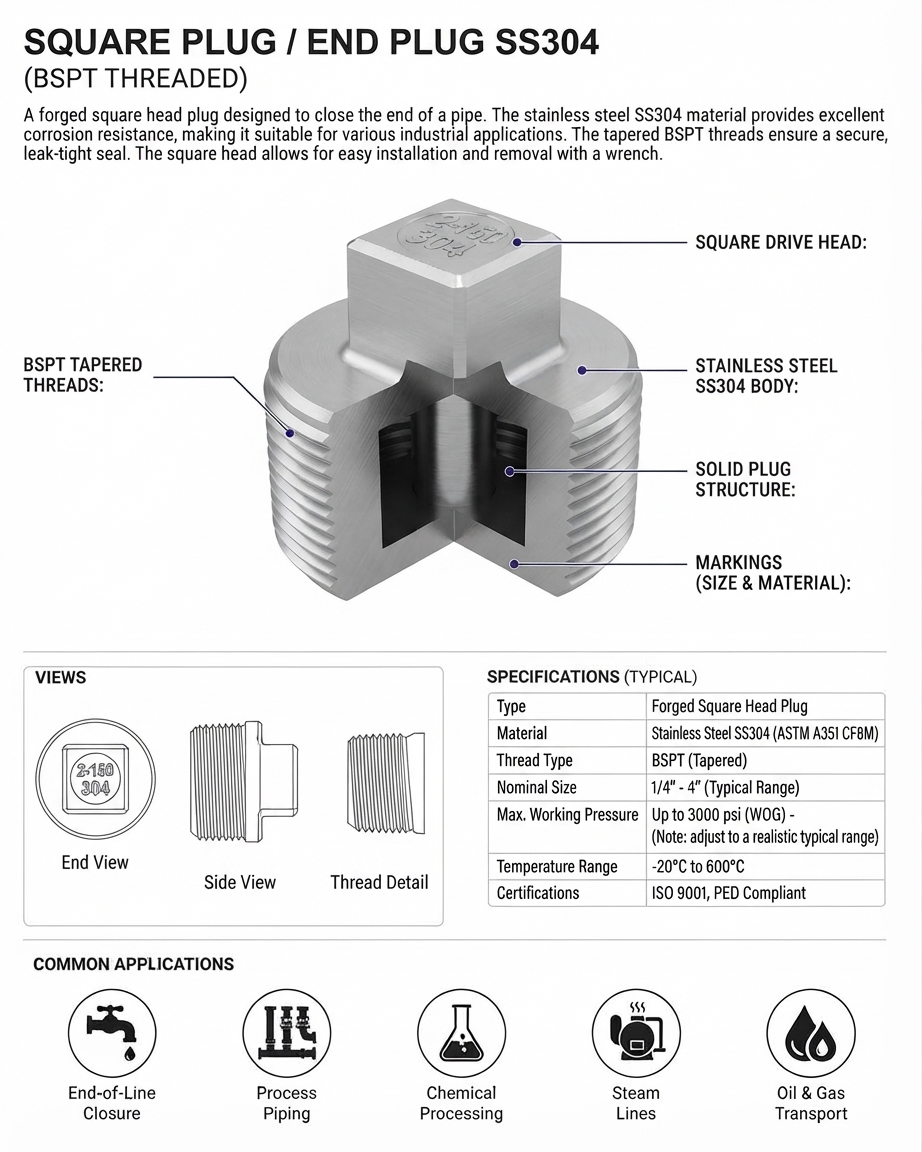 SQUARE PLUG / END PLUG SS304 BSPT