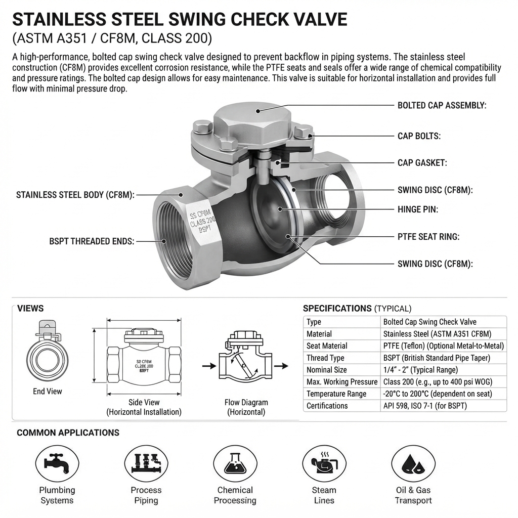 SWING CHECK VALVE CLASS 200 STAINLESS STEEL BSPT