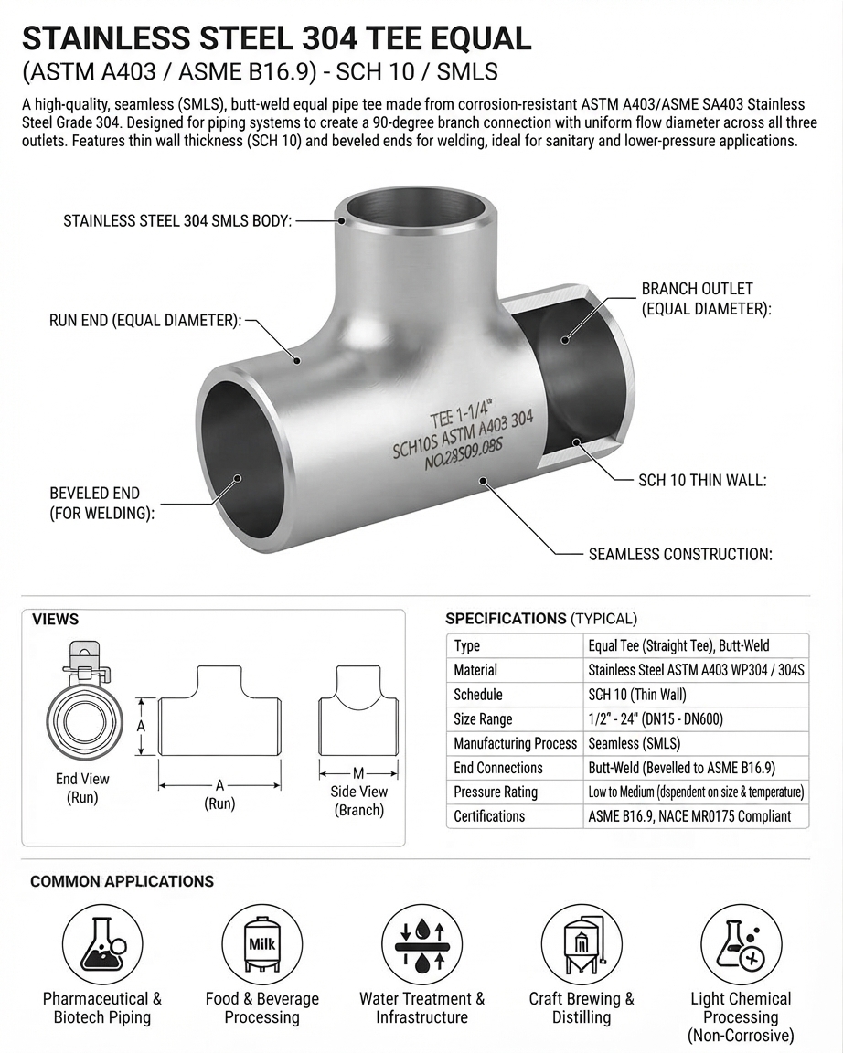 TEE EQUAL STAINLESS STEEL 304 SCH 10 SMLS