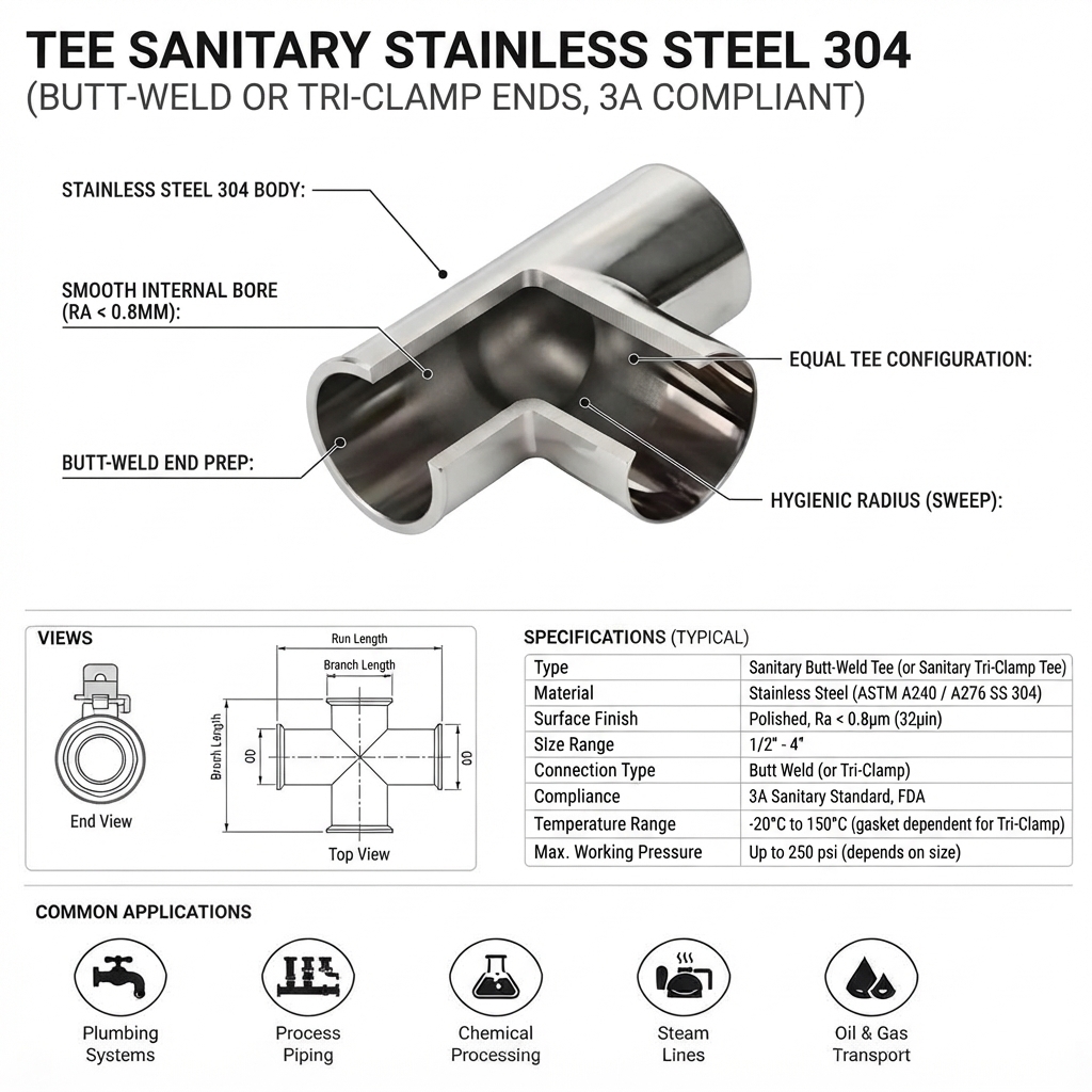 TEE SANITARY STAINLESS STEEL 304