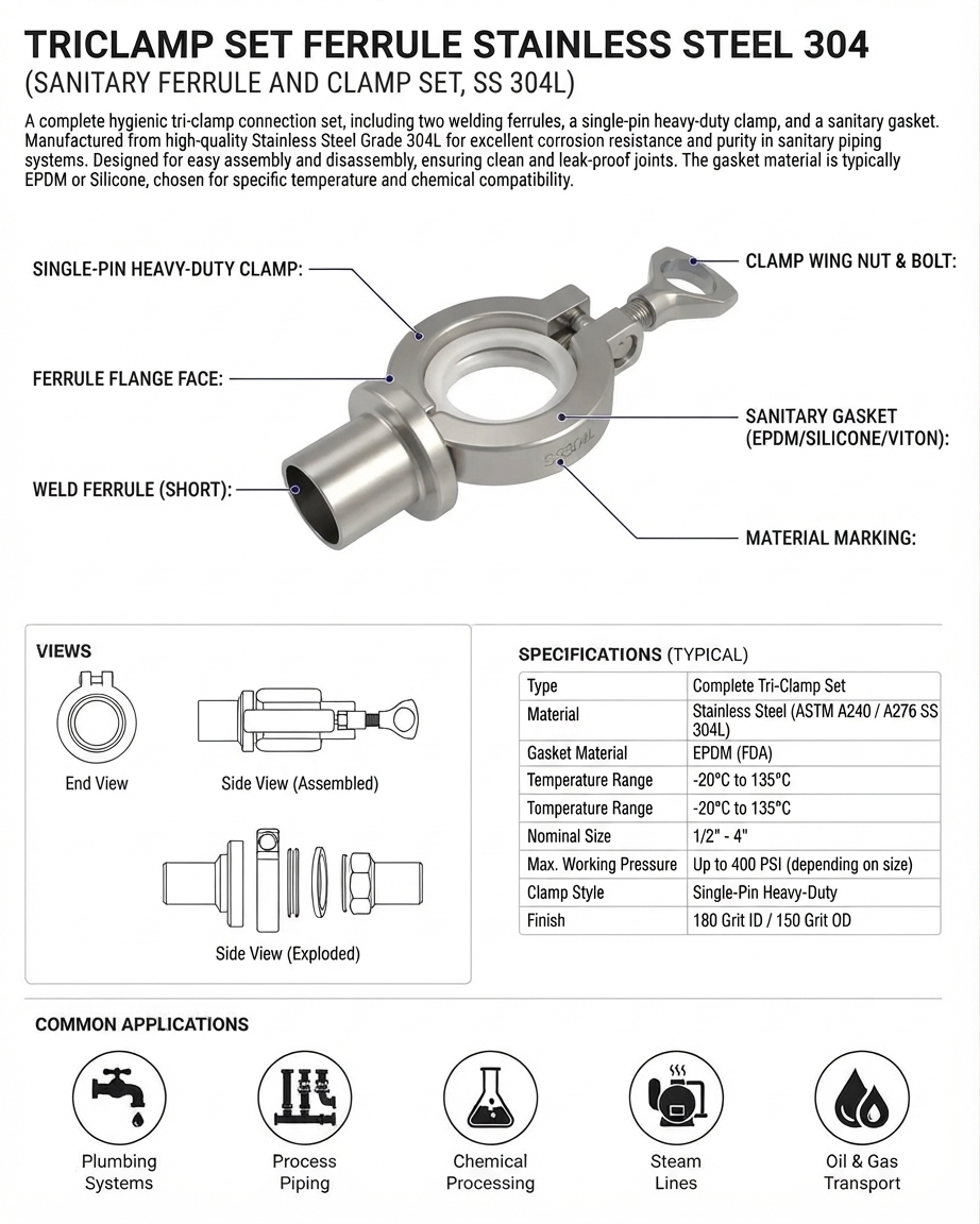 TRICLAMP SET FERRULE STAINLESS STEEL 304