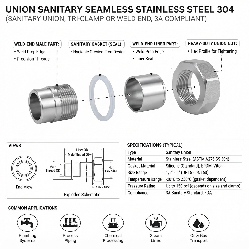 UNION SANITARY SEAMLESS STAINLESS STEEL 304