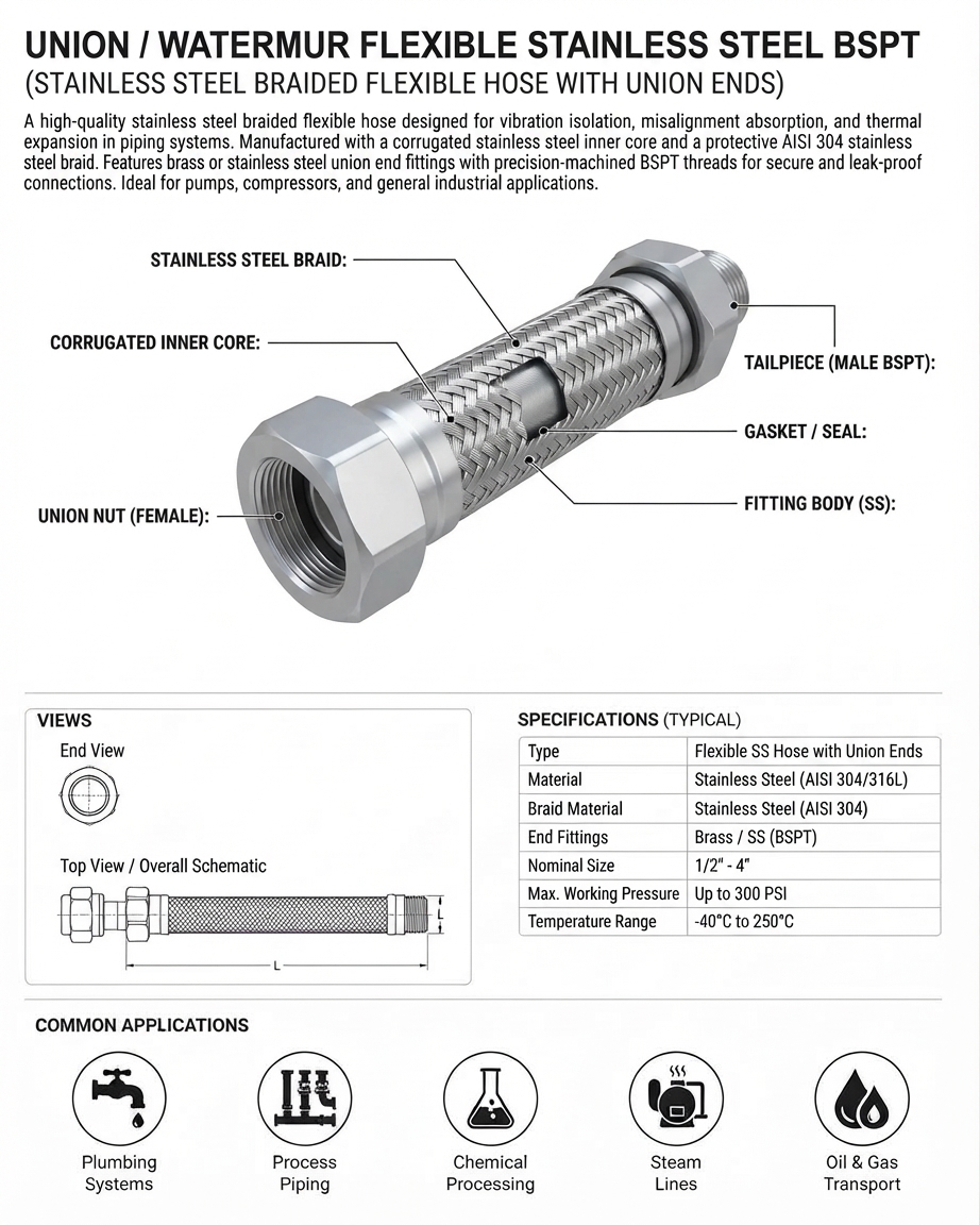 UNION / WATERMUR FLEXIBLE STAINLESS STEEL BSPT