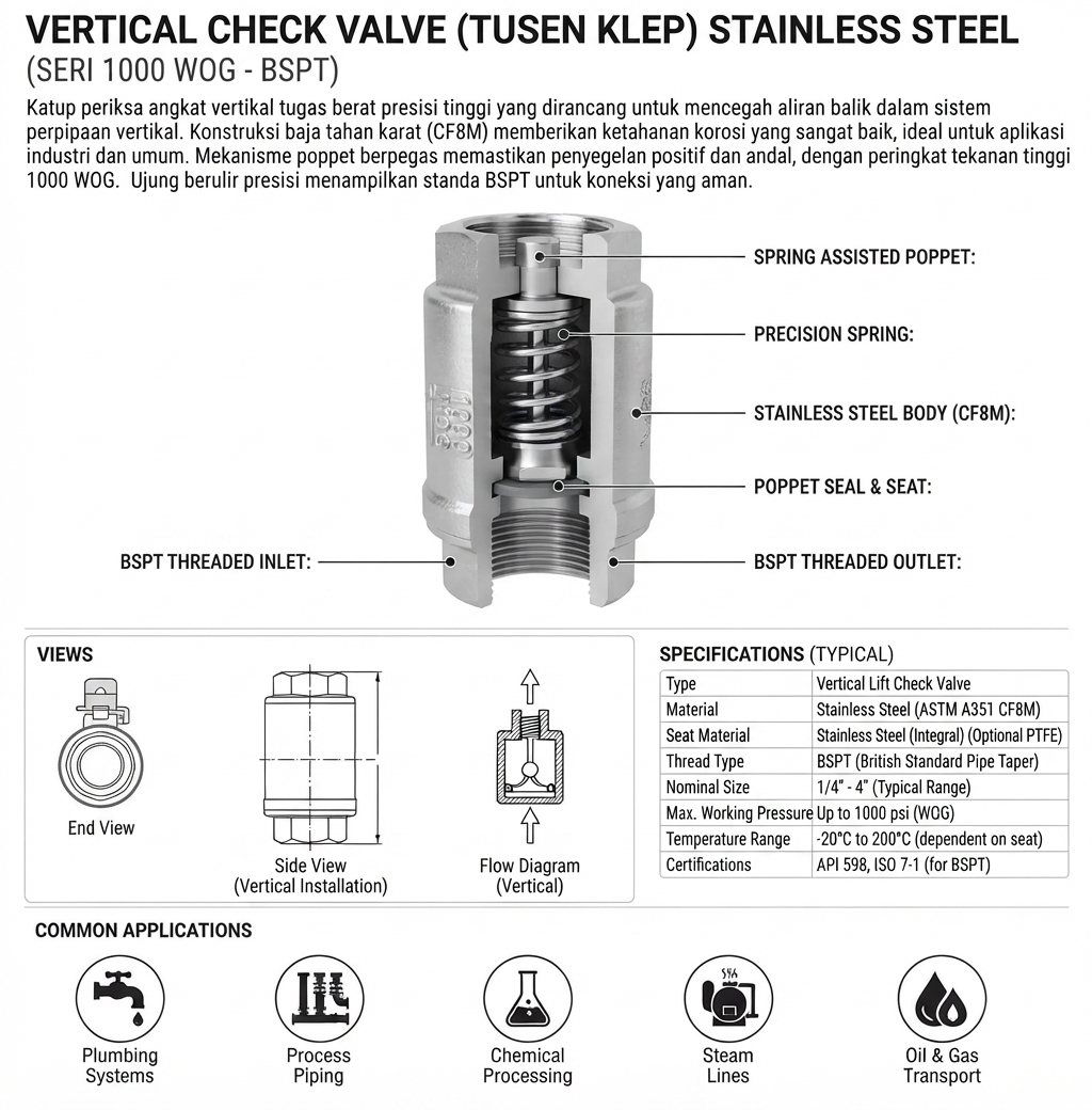 VERTICAL CHECK VALVE (TUSEN KLEP) 1000 WOG BSPT STAINLESS STEEL