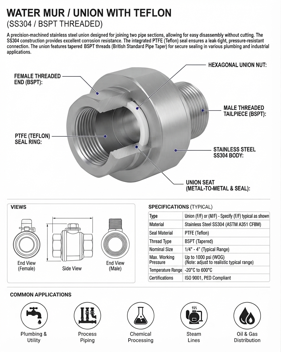 WATER MUR / UNION WITH TEFLON SS304 BSPT